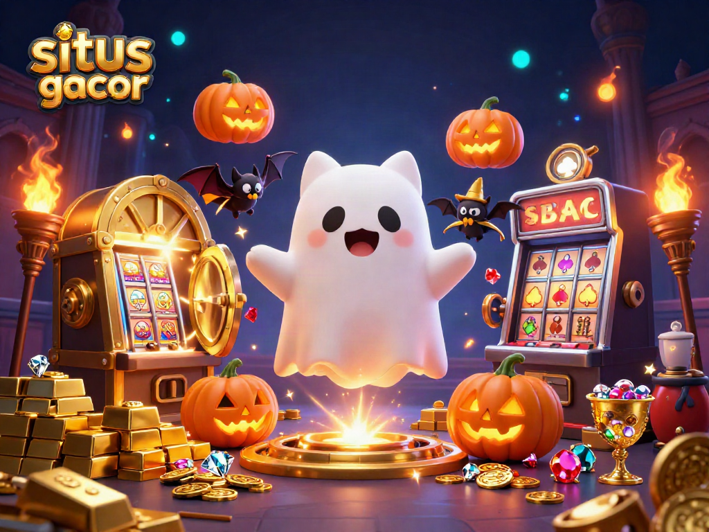 Experience situs slot gacor with playful ghost cat and vampire bat surrounded by dazzling casino treasures.