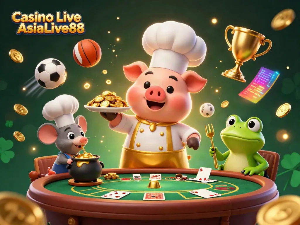 Experience the thrill of Casino Live AsiaLive88 with a lively 3D scene featuring iconic gaming elements and animated characters.