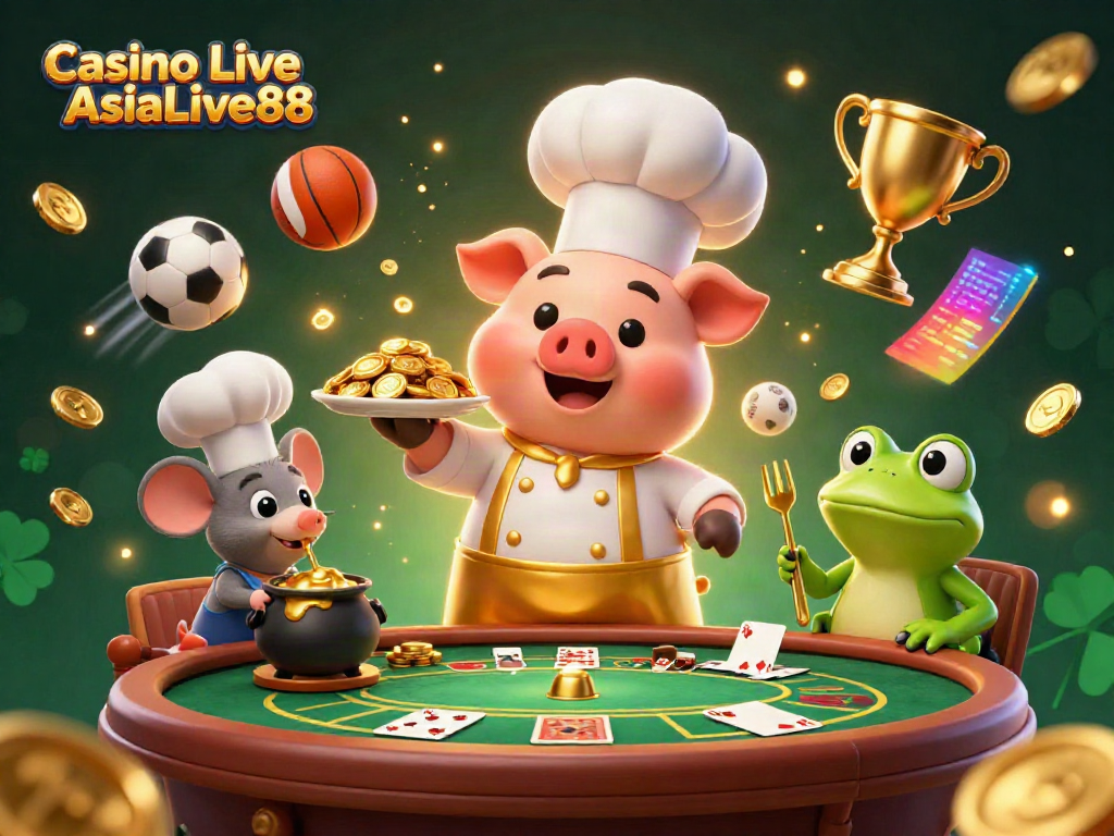 Experience the thrill of Casino Live AsiaLive88 with a lively 3D scene featuring iconic gaming elements and animated characters.