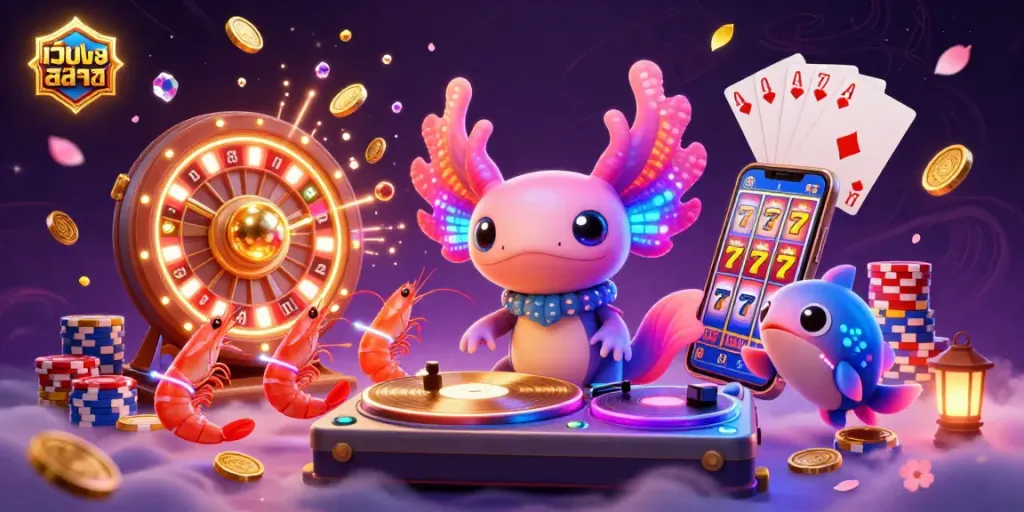 Experience the thrill of เว็บตรงสล็อต with an energetic 3D casino scene featuring a neon DJ and engaging shrimp.