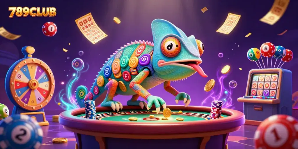 Engage with the vibrant world of 789CLUB through this dynamic casino scene with a colorful chameleon owner.