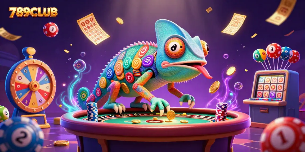 Engage with the vibrant world of 789CLUB through this dynamic casino scene with a colorful chameleon owner.