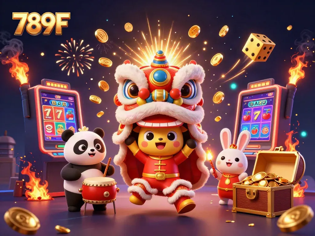 Experience the vibrant energy of 789F with a 3D lion dance celebrating casino winnings.
