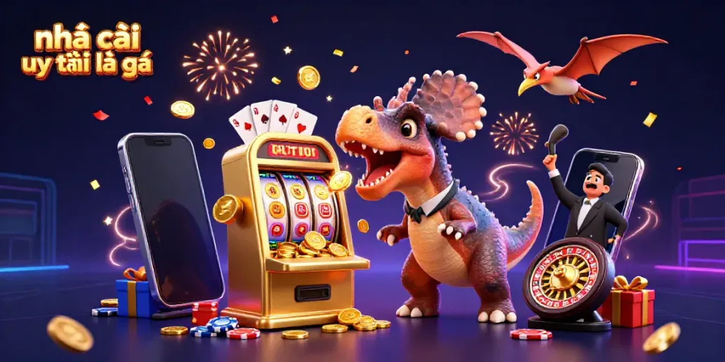Catch the excitement of nhà cái uy tín là gì with cartoon dinosaurs and golden slot machines!
