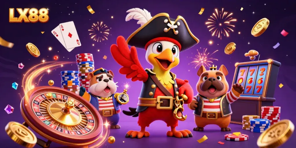 Lucky players enjoy the vibrant LX88 casino scene with rich 3D graphics of various game elements.