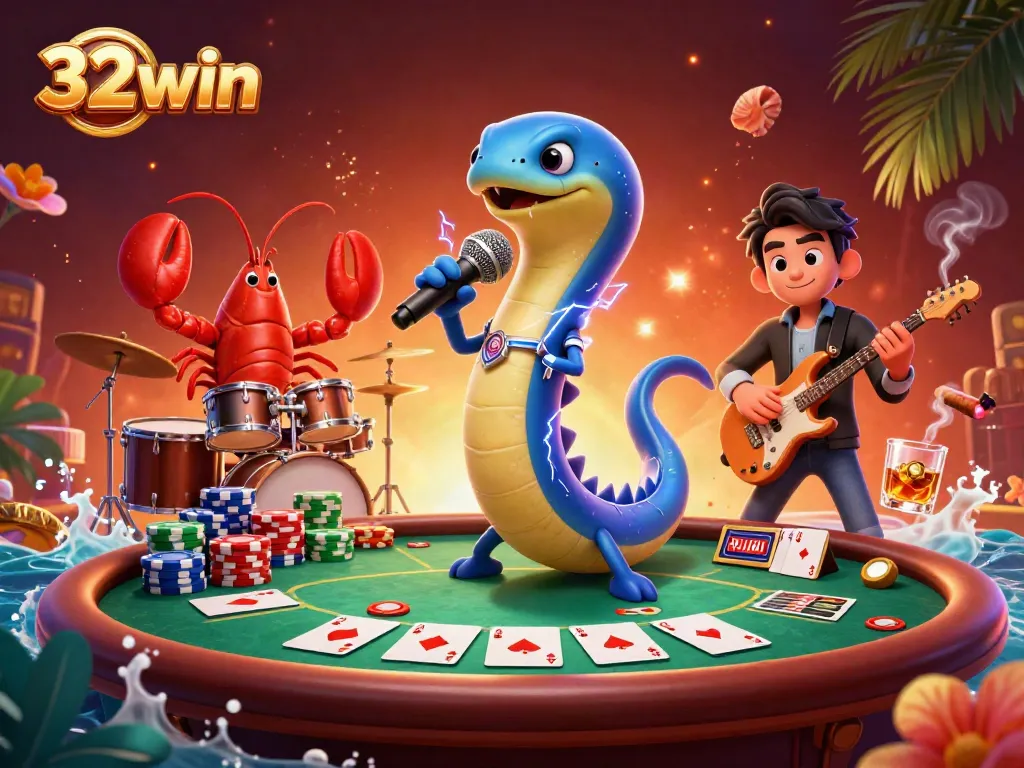 Experience thrilling casino action as a 32win electric eel DJ performs amidst vibrant poker elements in an underwater stage.