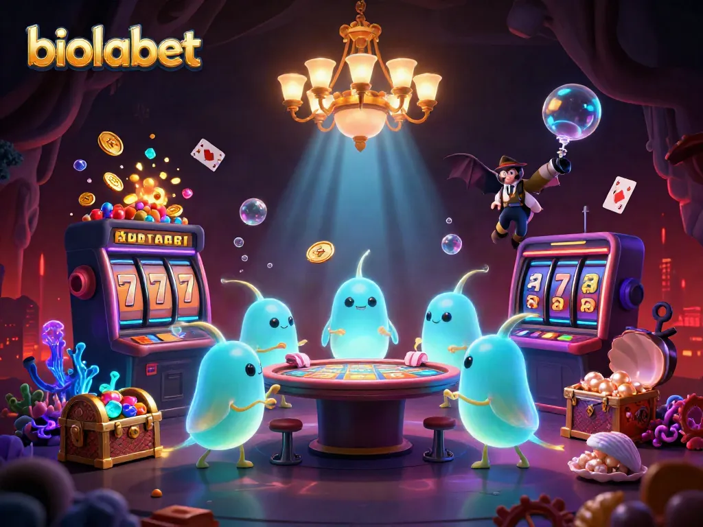 Experience biolabet as glowworms illuminate a vibrant cave casino filled with slot machines and treasures.