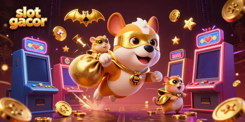 Menghadirkan slot gacor dengan superhero anjing dan hamster yang terlihat energik dalam ilustrasi 3D.