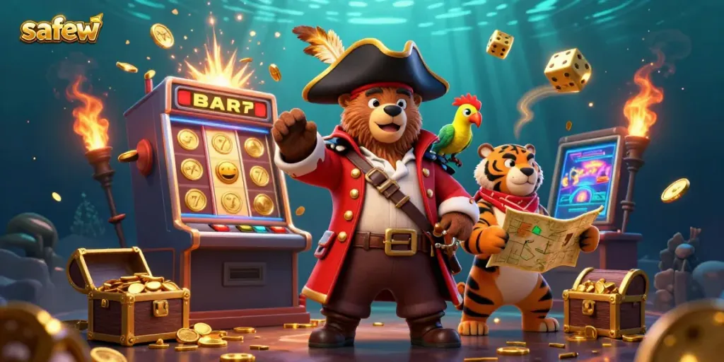 Experience the thrill of safew as a pirate bear and tiger uncover casino treasures in this vibrant 3D illustration.