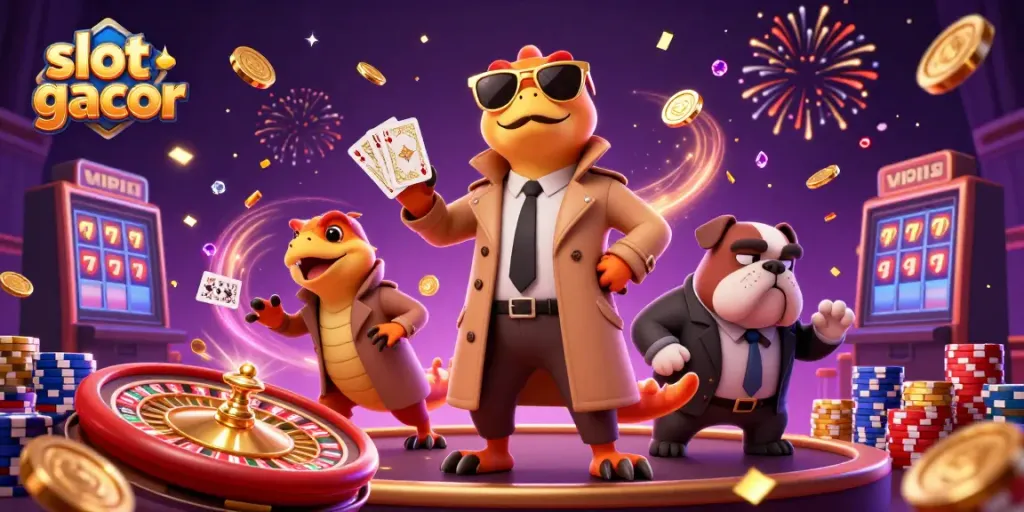 Slot gacor terlihat dengan animasi 3D kartun dari tiga raptor berjas, berusaha memasuki kasino VIP sementara bulldog penjaga terlihat curiga.