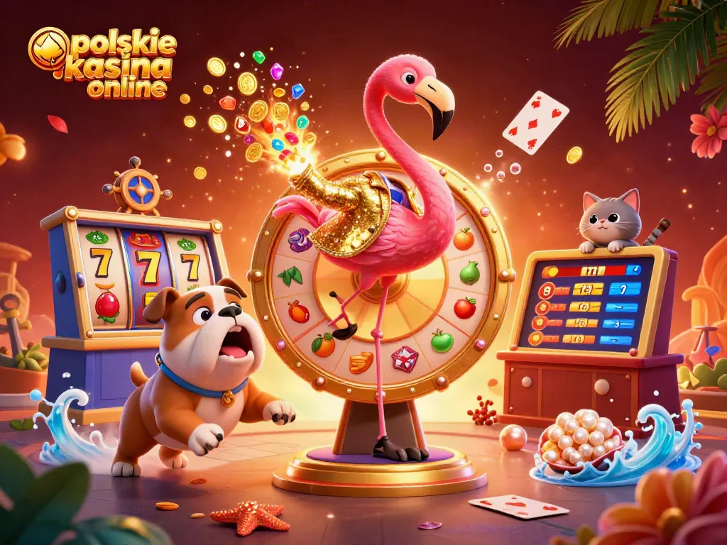 Engage with polskie kasyna online in a vibrant casino scene showcasing a flamingo host and bulldog contestant.