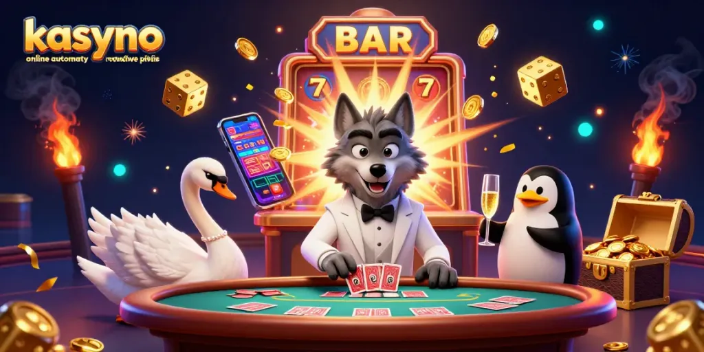 Experience kasyno online automaty na prawdziwe pieniądze with a vibrant 3D casino scene featuring a wolf, swan, and penguin.