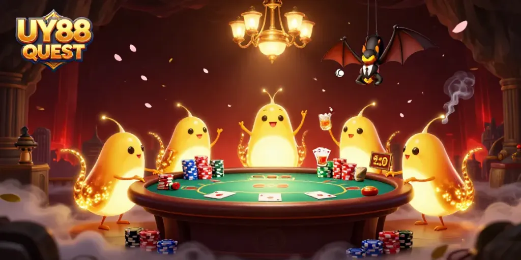 Experience UY88 QUEST as glowworms illuminate a vibrant cave casino with poker action.