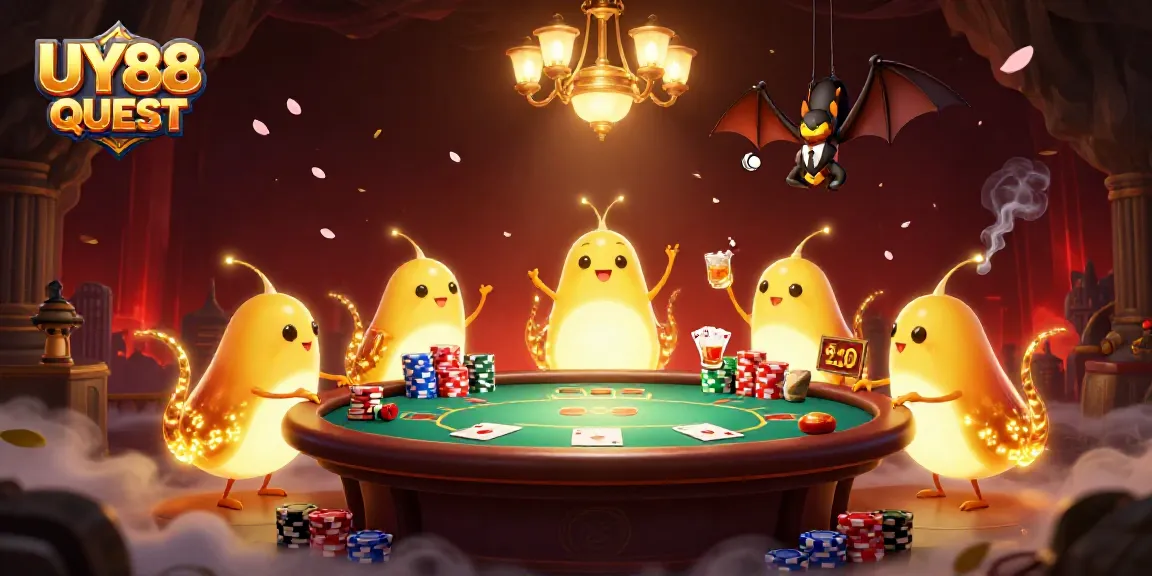 Experience UY88 QUEST as glowworms illuminate a vibrant cave casino with poker action.
