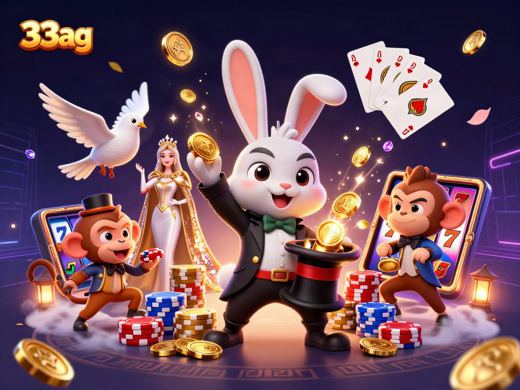 33ag casino scene with magician, dove, and monkey showcasing slot games and poker elements
