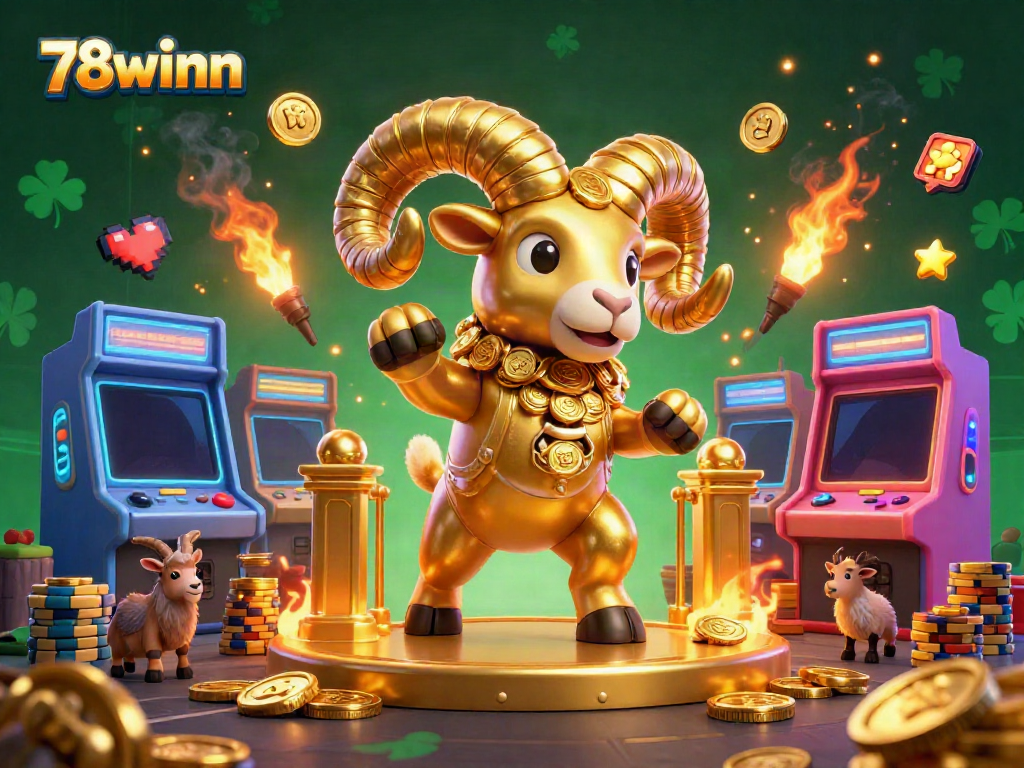 Engaging 3D illustration of 78winn showcasing a golden ram and arcade gaming elements in a vibrant casino setting.