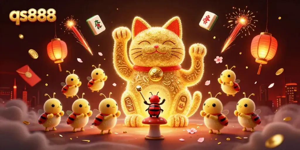 Experience vibrant casino fun at qs888 with golden characters and festive gaming symbols.