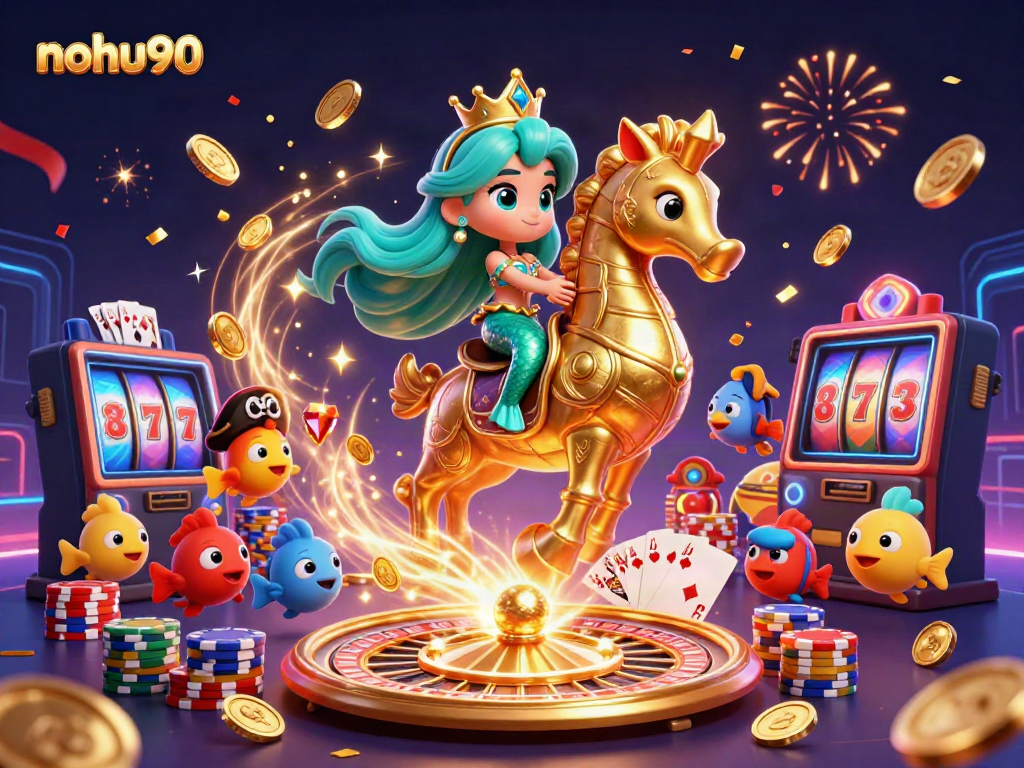Experience nohu90's vibrant gaming scene with a magical mermaid, seahorse, and casino elements.