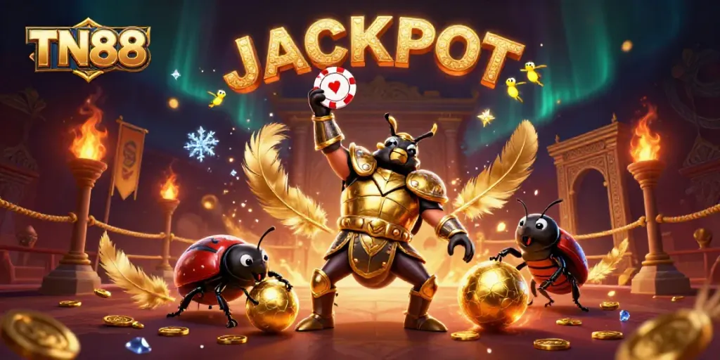 Experience TN88's vibrant jackpot celebration with cartoon beetles in an energetic scene full of casino elements.