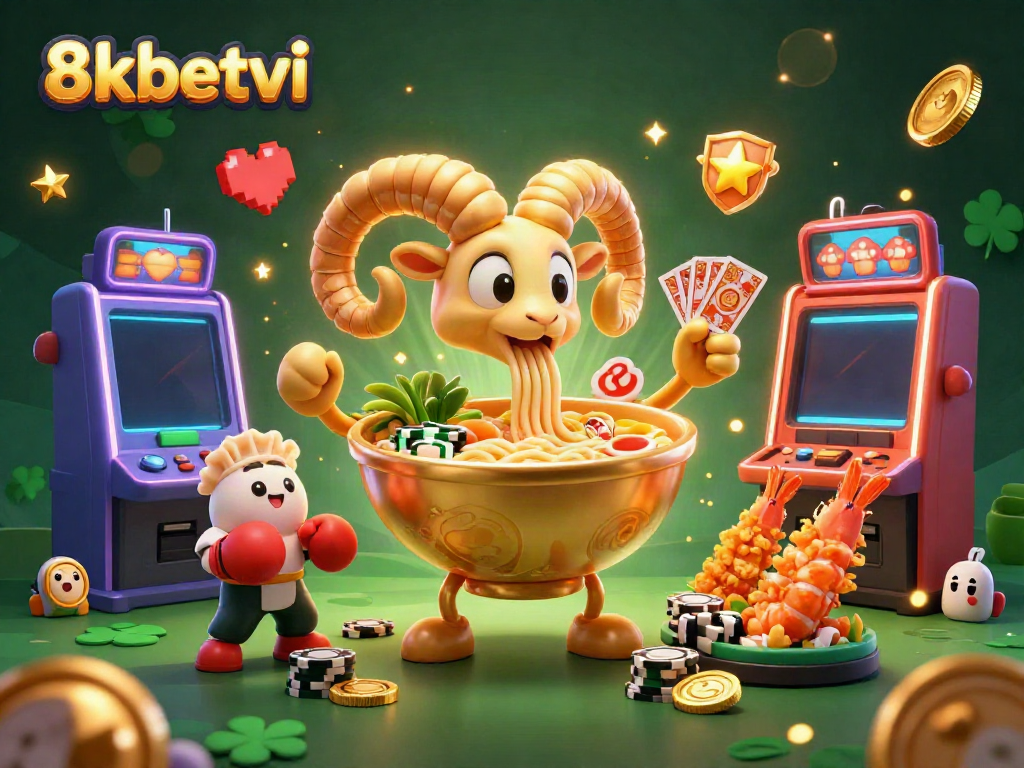 Engage in thrilling games with 8xbetvi at the vibrant casino featuring a animated golden ramen bowl dealing cards, sports elements, and dynamic gaming atmosphere.