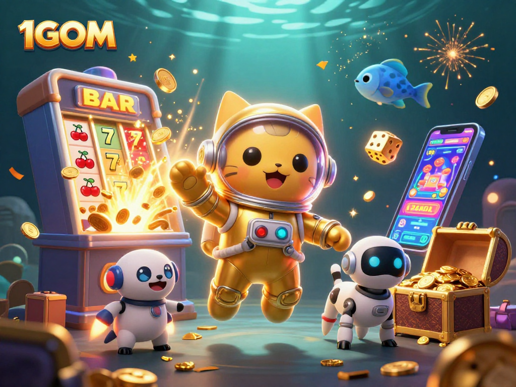 Experience the thrilling world of 1GOM with a vibrant 3D slot machine explosion and cosmic characters.