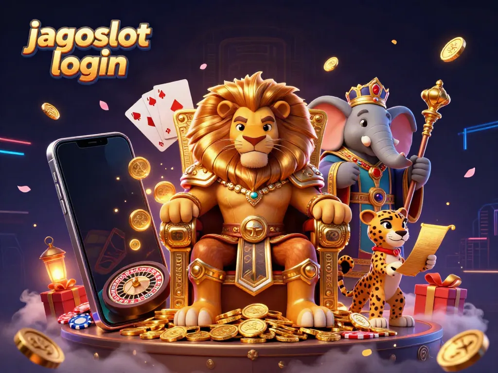 Mengakses jagoslot login dengan ilustrasi kartun 3D yang menampilkan raja singa, gajah, dan cheetah dalam suasana kasino.