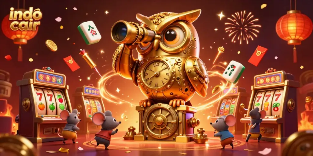 Permainan slot online di indo cair dengan simbol keberuntungan yang berkilauan dan karakter menarik.