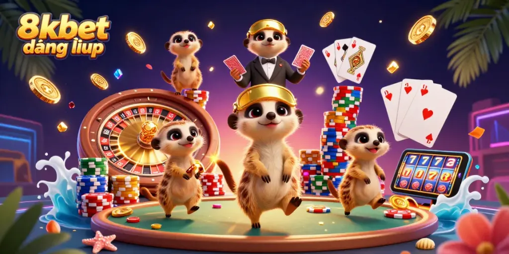 Engage in thrilling gameplay with 8xbet đăng nhập, featuring animated meerkats at a vibrant casino.