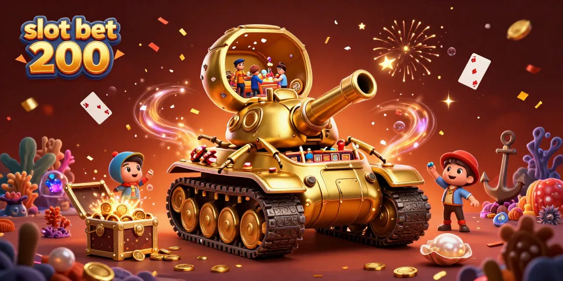 Slot bet 200 menunjukkan tank kumbang emas raksasa dengan kasino mini di dalamnya, dikelilingi harta karun.