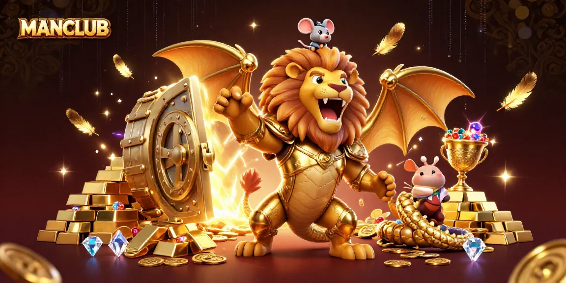 Experience winning excitement with MANCLUB, featuring a chimera in a vibrant casino scene.