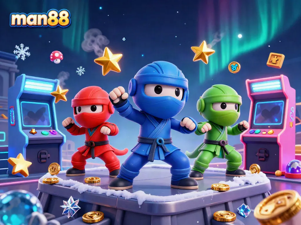 Join the exciting world of man88 with vibrant characters performing thrilling moves amid colorful gaming and casino elements.