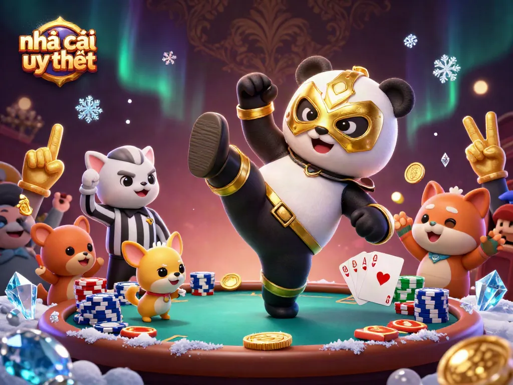 Engage with nhà cái uy tín at a vibrant poker scene featuring animated characters and dynamic casino elements.