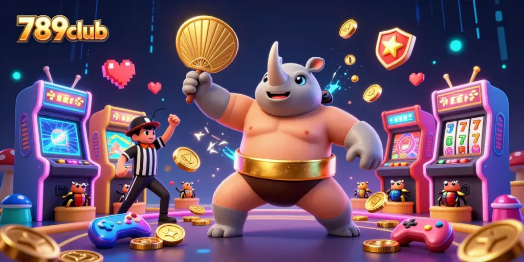 Experience the thrill of 789club with a cartoon rhinoceros beetle champion in a colorful casino scene.
