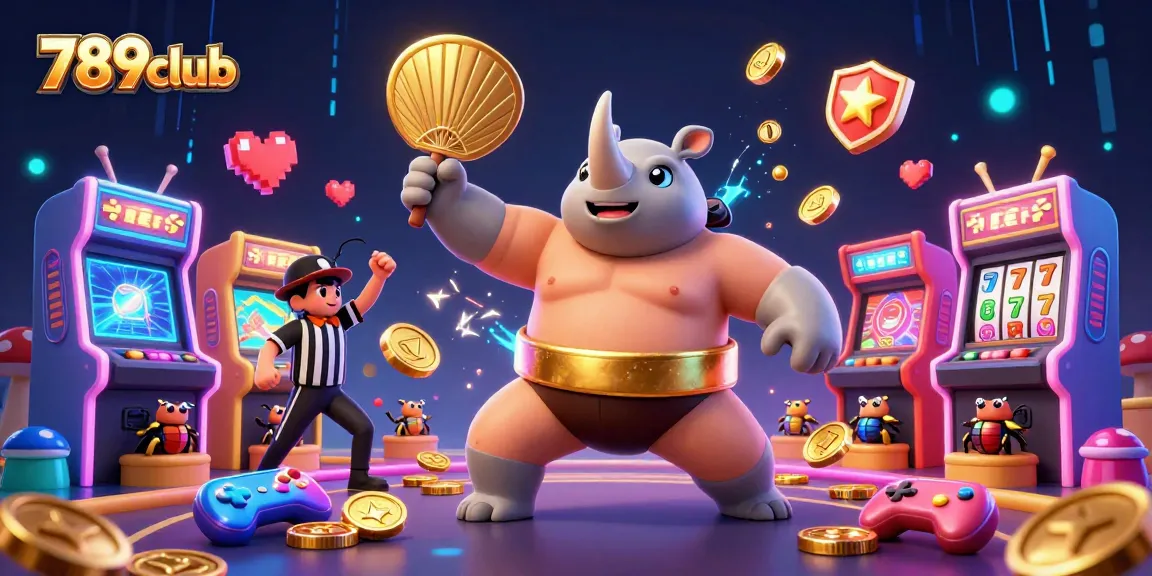 Experience the thrill of 789club with a cartoon rhinoceros beetle champion in a colorful casino scene.