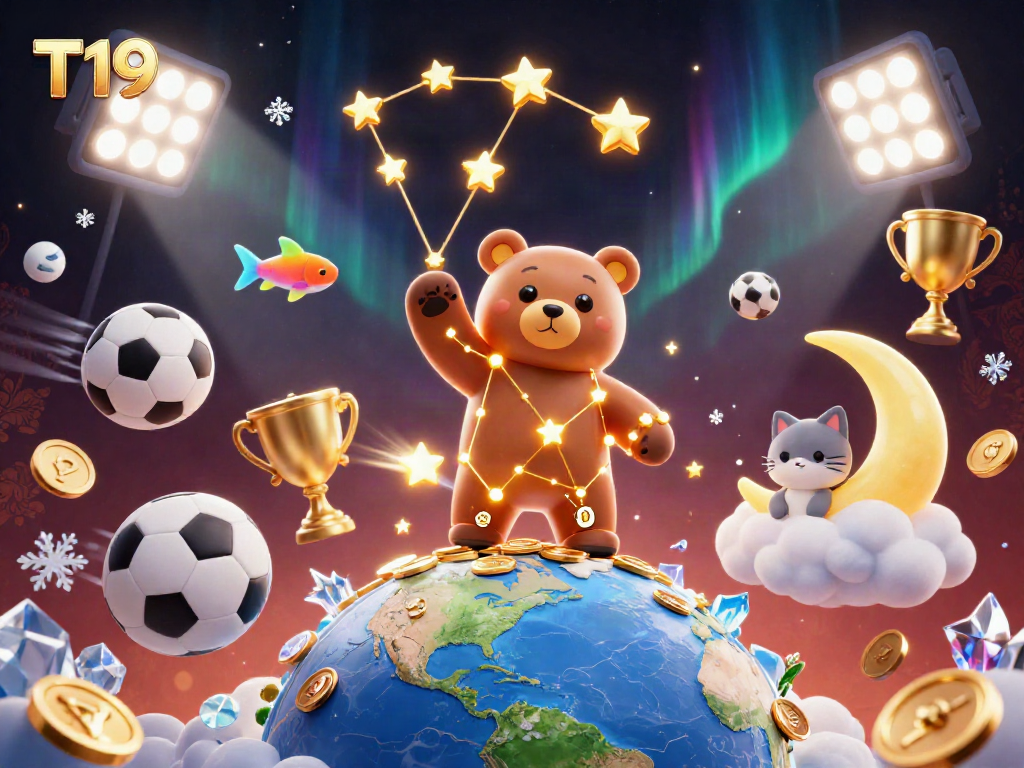 Experience thrilling gameplay at T19 with a constellation bear reaching for gold coins amidst dynamic sports elements.