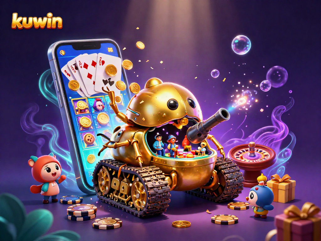 kuwin enthralls players with a vibrant casino scene inside a golden beetle tank, dazzling with games and joy