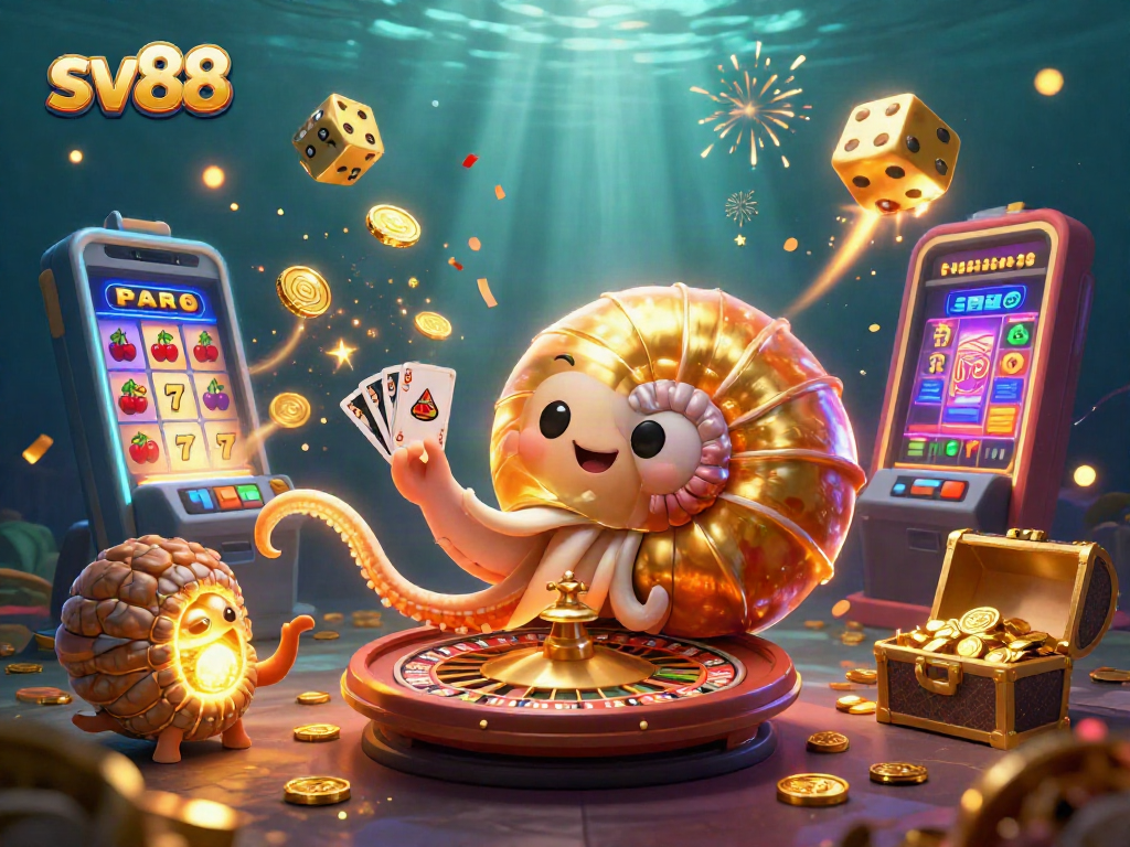 Experience sv88 with an immersive 3D casino scene featuring jackpots and vibrant game elements.