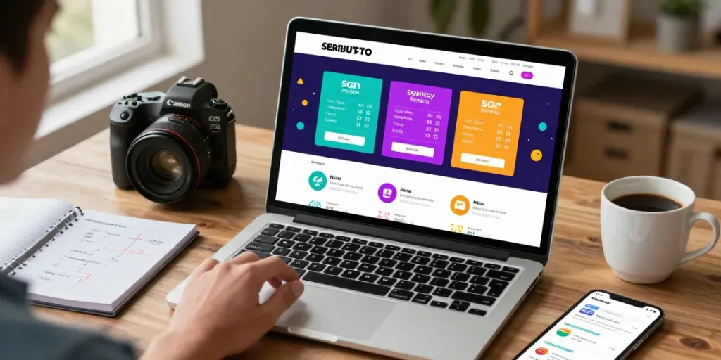 Engaging SERIBUTOTO online lottery portal interface on a laptop, showcasing vibrant lottery data.