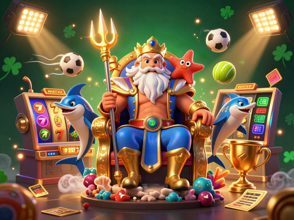 Win big with NHATVIP in a vibrant, action-packed casino scene featuring sea king Neptune.