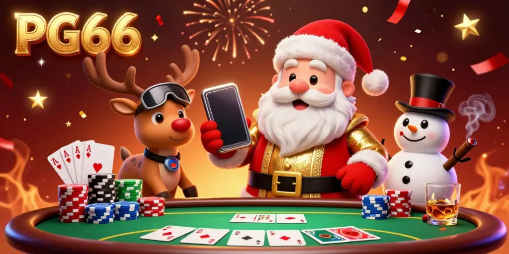 Experience thrilling gambling at PG66 with Santa and friends celebrating wins in a dynamic casino scene.