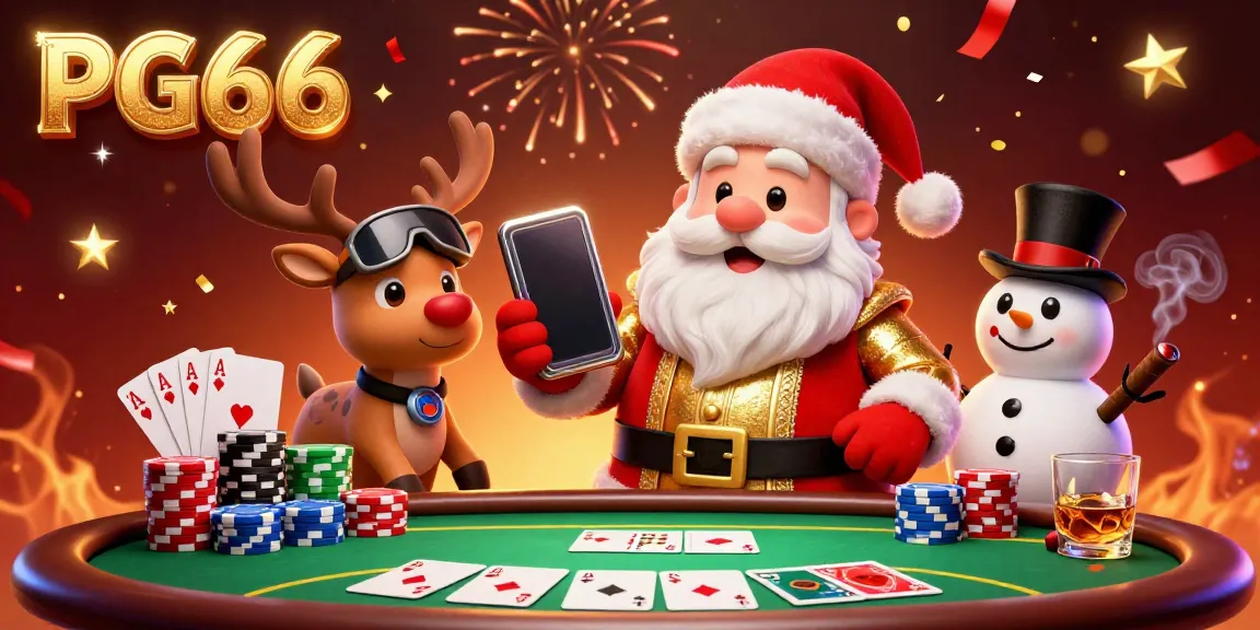 Experience thrilling gambling at PG66 with Santa and friends celebrating wins in a dynamic casino scene.