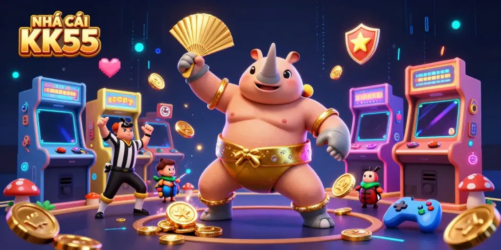 Witness the thrill at NHÀ CÁI KK55 while golden coins scatter amidst epic gaming elements.