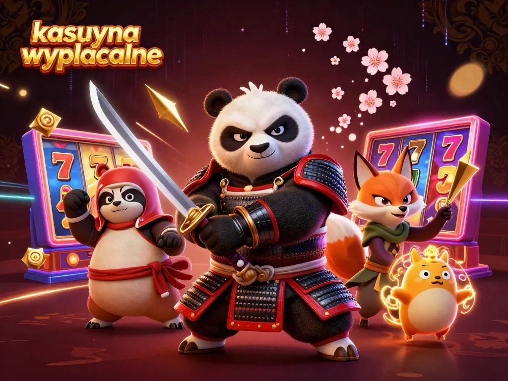 Engaging illustration of kasyna wyplacalne featuring a samurai panda and a ninja fox, showcasing colorful slot reels.