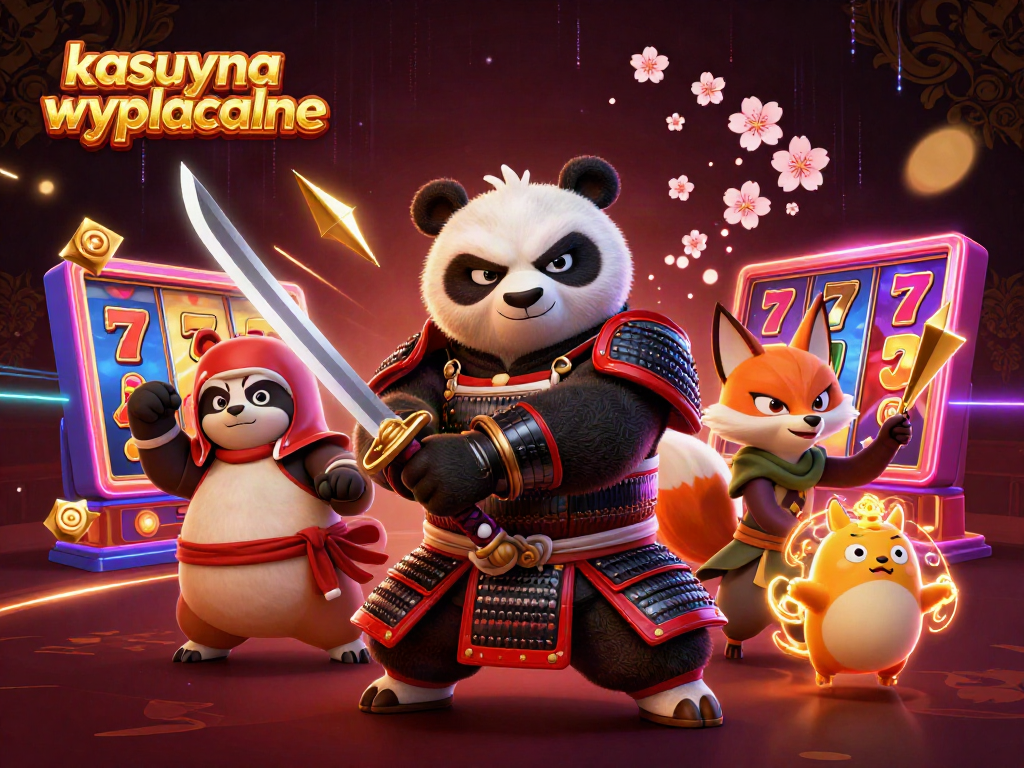 Engaging illustration of kasyna wyplacalne featuring a samurai panda and a ninja fox, showcasing colorful slot reels.