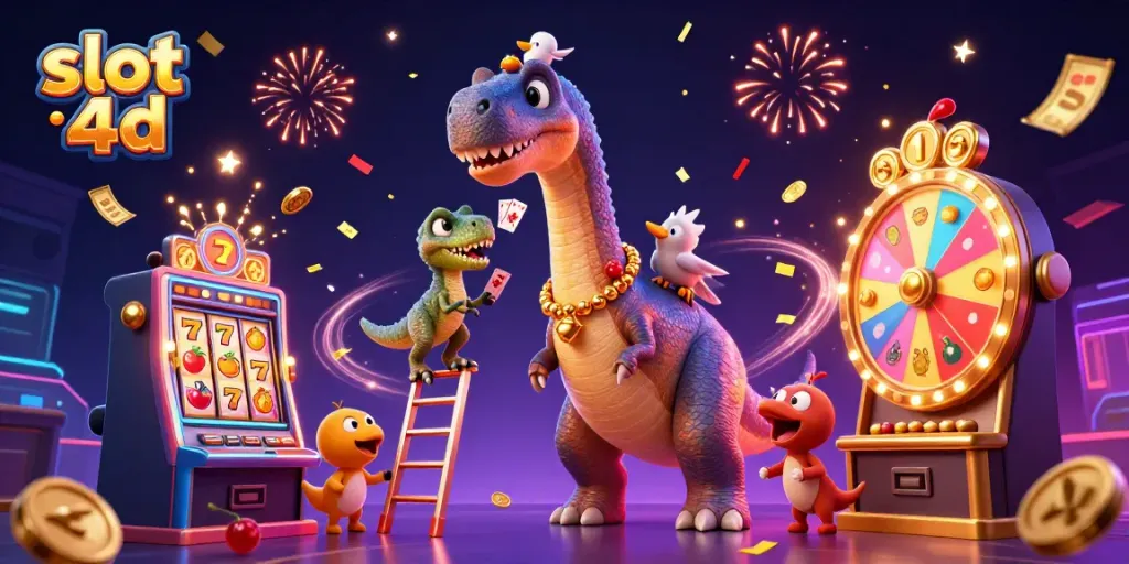 Menangkan slot 4d dengan brontosaurus lucu yang berinteraksi dengan permainan kasino yang meriah