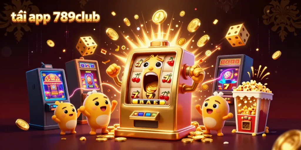 Experience the excitement of tải app 789club with a scene of a golden slot machine celebrating a jackpot while baby machines cheer.