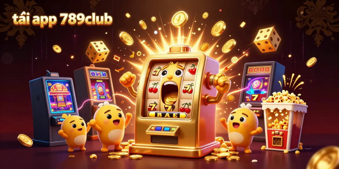 Experience the excitement of tải app 789club with a scene of a golden slot machine celebrating a jackpot while baby machines cheer.