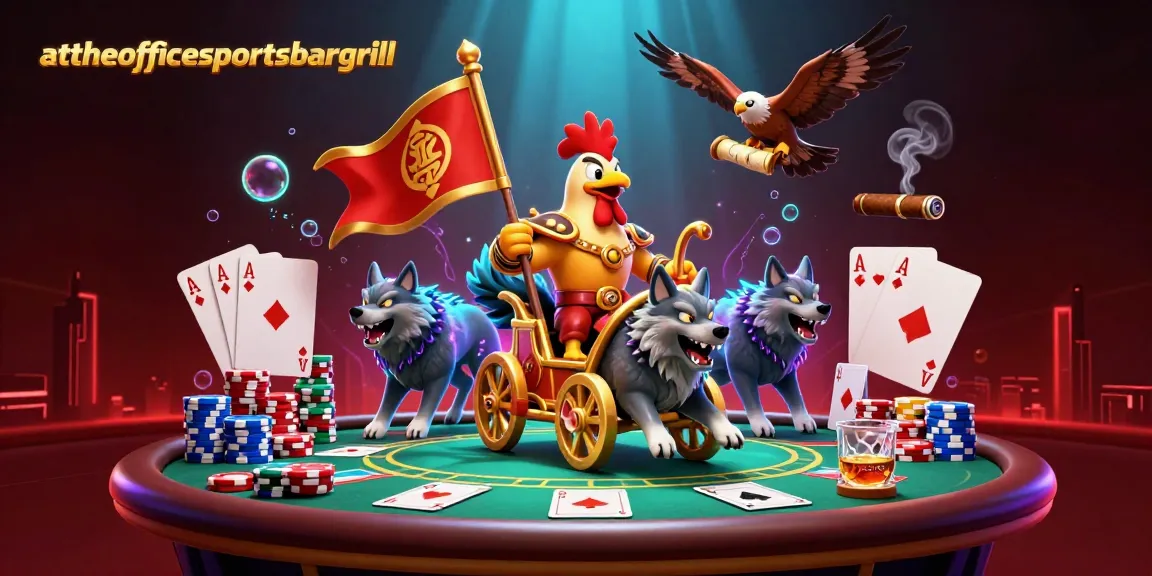 Gambaran suasana penuh warna dan detail di attheofficesportsbargrill dengan karakter ayam jantan dalam perang, kereta emas dan elemen poker.