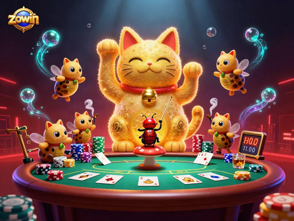 Engage in exhilarating gaming at Zowin with a lucky cat and vibrant casino elements.