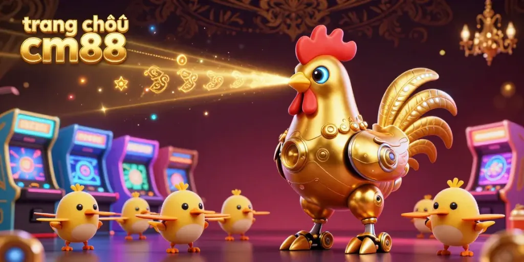 Engage with dynamic gaming visuals on trang chủ cm88 featuring a golden rooster robot and arcade elements.